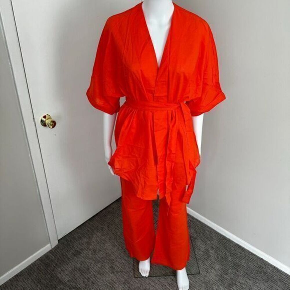 Commense Linen Cotton Orange Two-Piece Set Kimono-Style Top Wide-Leg Pant Outfit - Picture 9 of 16